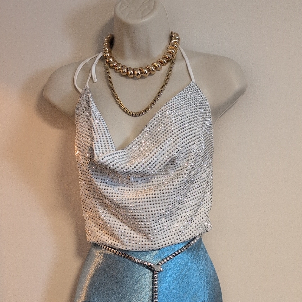 Elegant White Sequin Halter Top